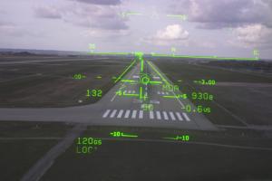 Head-Up display of a commercial airplane landing.