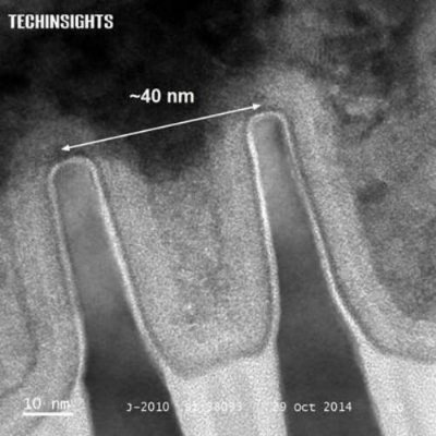 TEM image of Intel's 14 nm transistors with sub -40 nm
 fin pitch.