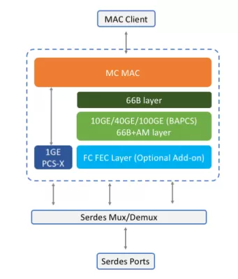 1G-100G Ethernet/FiberChannel/FlexO Core Block Diagram