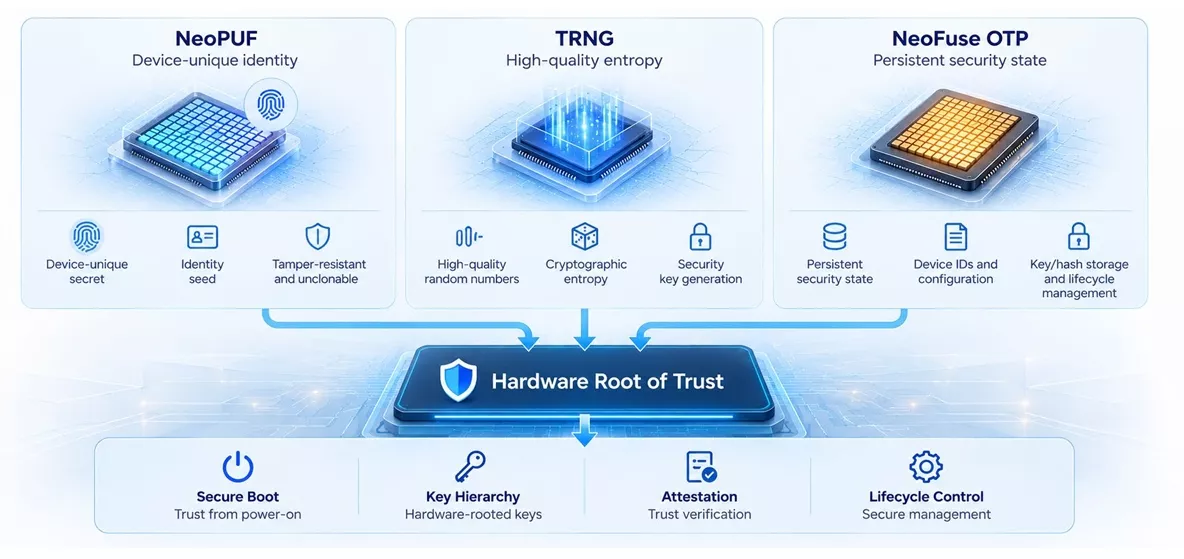 NeoPUF, NeoFuse OTP, and TRNG are complementary foundations for a hardware Root of Trust.
